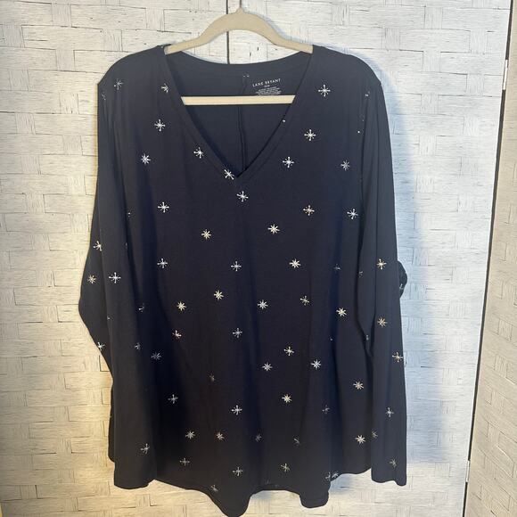 Lane Bryant Tops - Lane Bryant women’s long sleeve T-shirt V-neck navy blue silver stars plus size